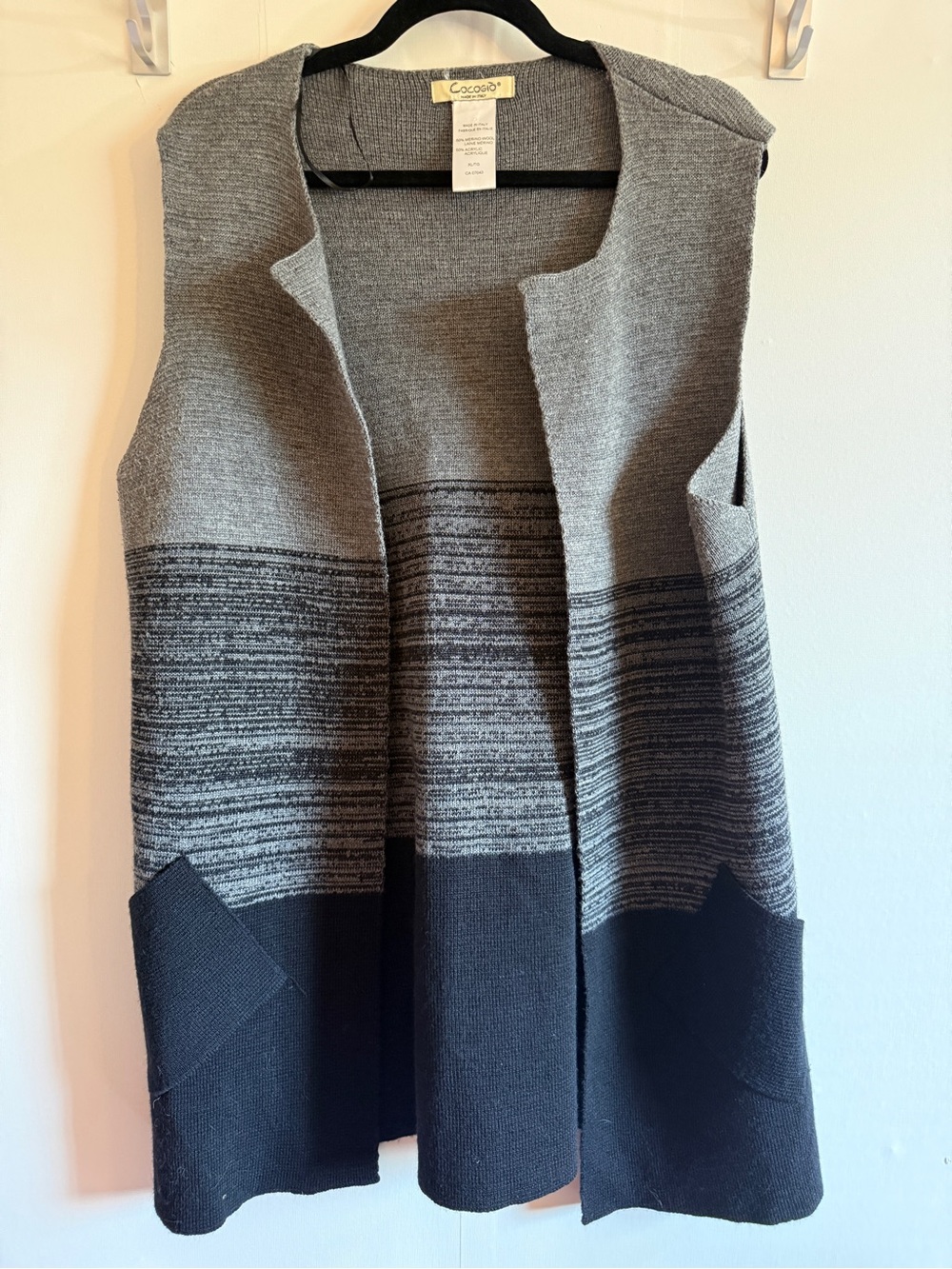 Cocogio Italy Merino Wool Open Front Sweater Vest Duster Gray Black XL